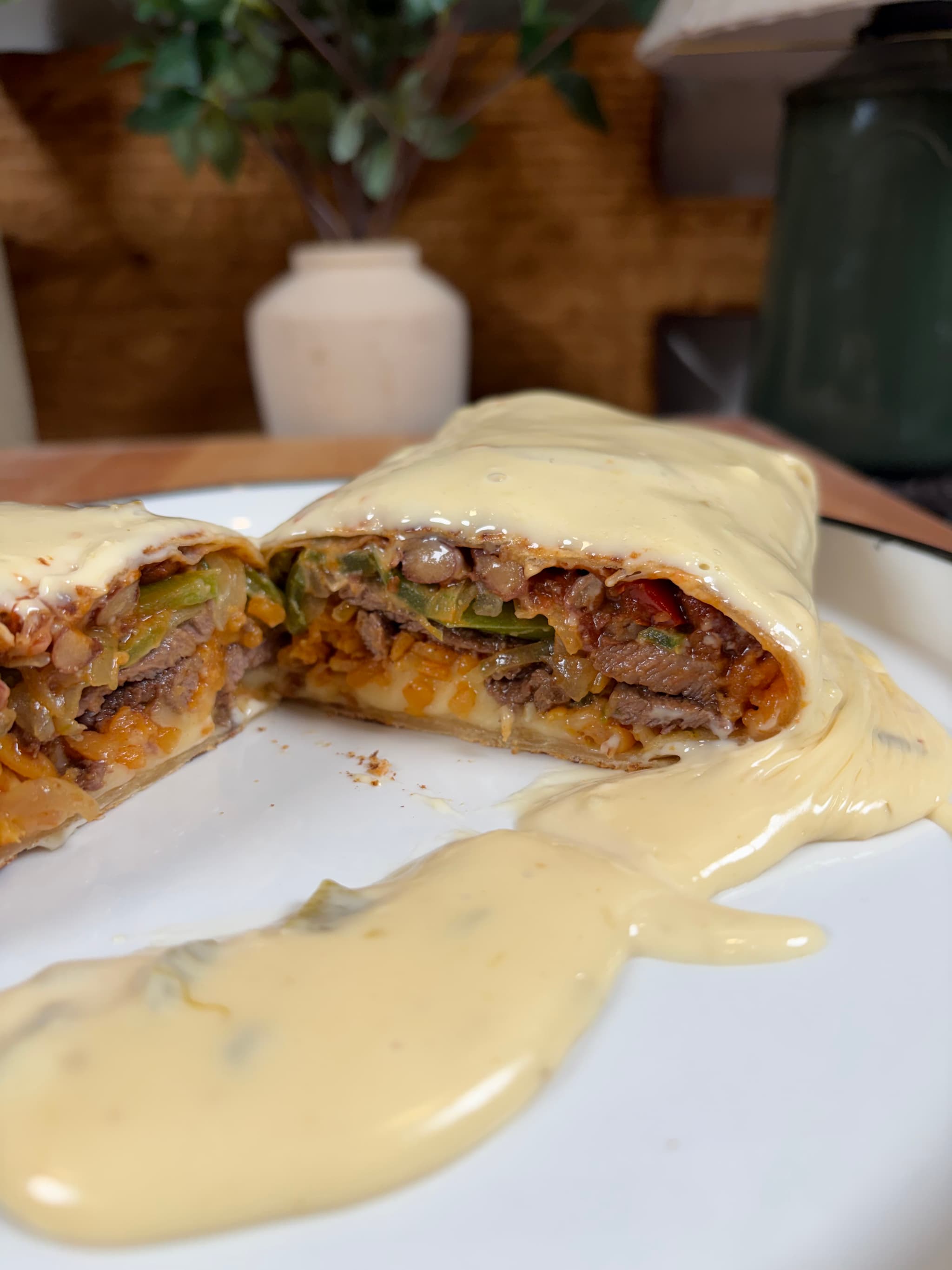 Venison Steak Burritos Smothered in Queso